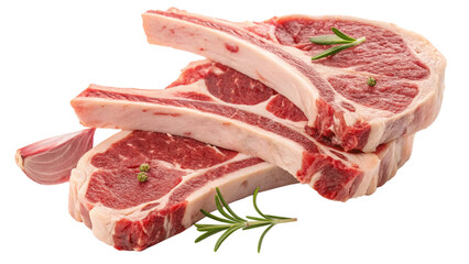 Raw lamb chops with rosemary and garlic, isolated on transparent background
