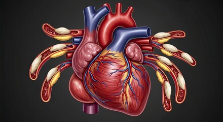 Detailed Medical Illustration of a Human Heart with Atherosclerosis in the Coronary Arteries.