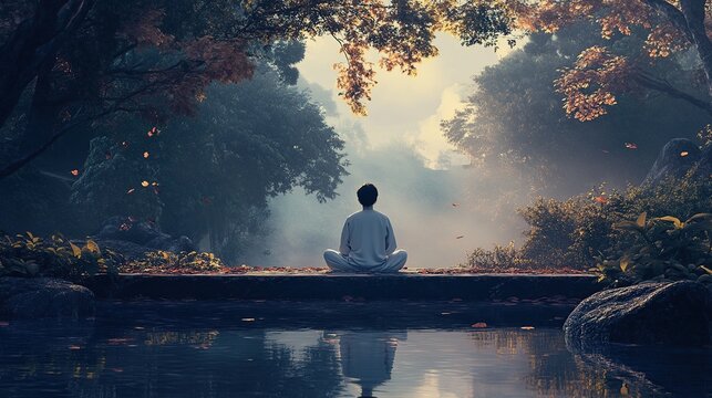 A serene man sits in a meditative pose by a calm pond, surrounded by a misty forest, bathed in the golden light of dawn.