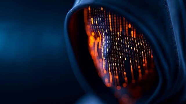 Incognito user anonymity technology concept. Incognito user hood glowing digital code face cyber anonymity technology dark environment privacy