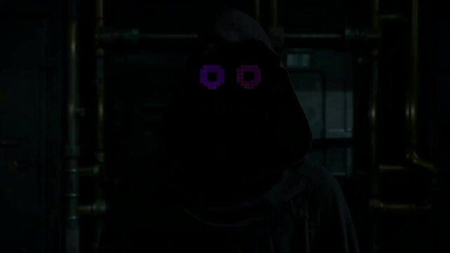 Incognito user anonymity technology concept. Incognito user wearing dark hooded cloak with pixelated eyes represents anonymity technology digital
