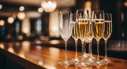 Elegant Champagne Flutes on Polished Bar Counter with Golden Sparkling Wine, Bokeh Lights in Upscale Celebration Setting