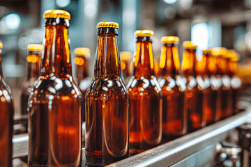 Bottling process of craft beer in a brewery with amber bottles on conveyor belt