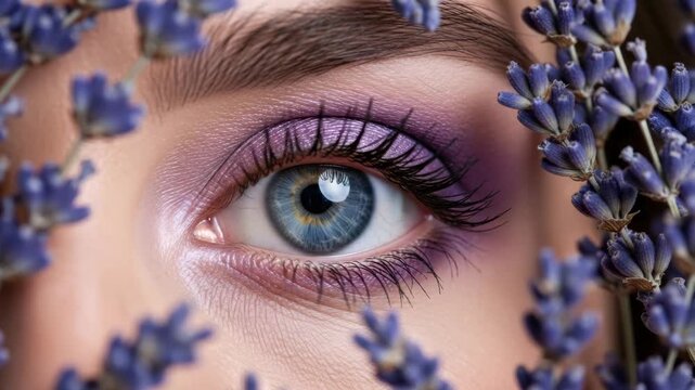 Extreme close up of a woman's blue eye with vibrant purple makeup. Natural cosmetics and skincare concept with fresh lavender flowers for aromatherapy and spa procedures