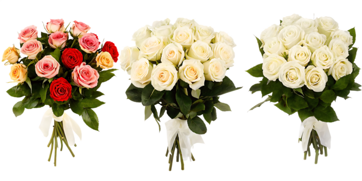 Mixed Color Rose Bouquets with White Ribbons on Background Keywords: rose, bouquet, flower isolated on a transparent background