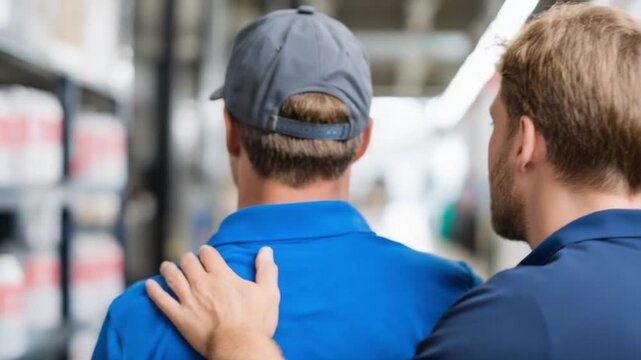 Guidance and Solidarity: A supportive gesture underscores the camaraderie between two colleagues within a bustling warehouse environment, suggesting partnership and shared objectives.
