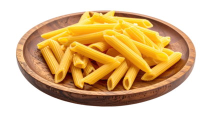 A close-up shot of uncooked penne pasta piled high in a rustic wooden bowl, ready to be prepared for a delicious meal