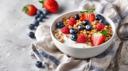 bowl of yogurt with granola and berries