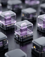 Data fortress protected by holographic firewall, padlock icon glowing, dark purple theme, 3D,