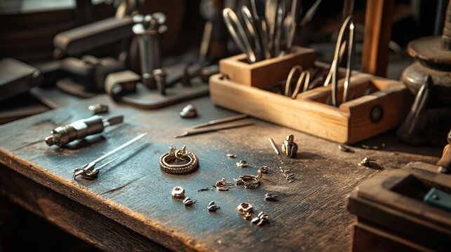 A dimly lit workbench displays a collection of jeweler's tools and partially assembled jewelry pieces, suggesting a craftsman's workspace. - Powered by Adobe