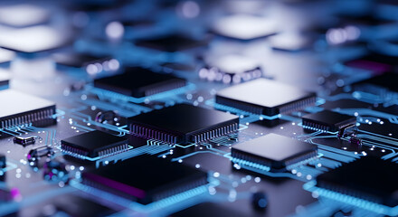 Fototapeta na wymiar Closeup of a complex circuit board with microchips and electronic components, illuminated by blue light, showcasing technology and innovation