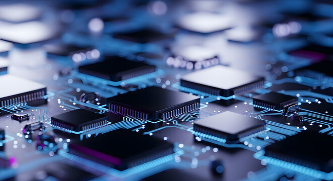 Closeup of a complex circuit board with microchips and electronic components, illuminated by blue light, showcasing technology and innovation