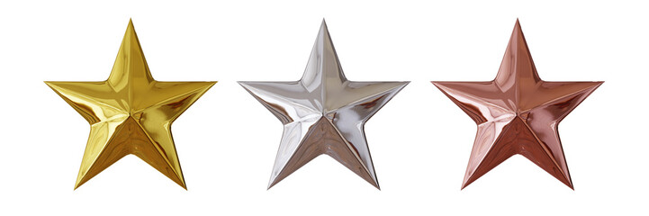 Gold, Silver, Bronze, Metallic Three Stars Isolated on Transparent Background