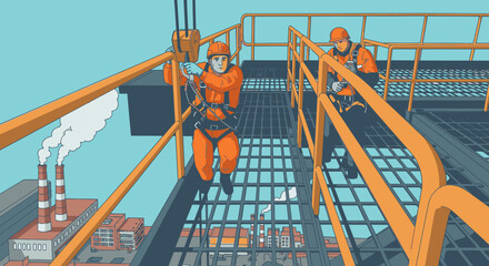 Workers in orange safety suits and helmets traverse a metal grate platform at an industrial factory, highlighting crucial workplace safety and heavy industry.