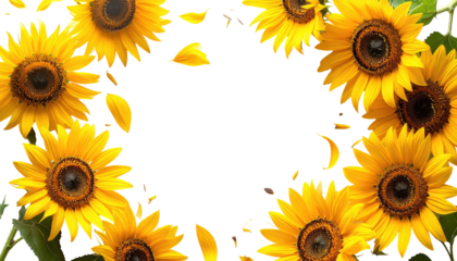 Sunny frame featuring vibrant yellow sunflowers, their faces turned toward each other, with scattered petals and a dark center space