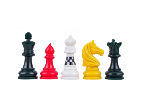 Black king, red bishop, white king, yellow knight, and black queen chess pieces stand in row, isolated on transparency background, symbolizing strategy and diversity in board games