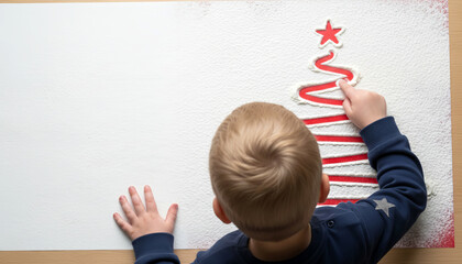 Toddler Drawing Christmas Tree in Flour Overhead Holiday Scene