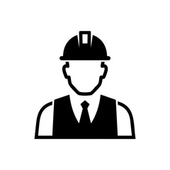 Engineer icon. Worker with hard hat and vest. Construction, builder, and architect symbol. Male profile avatar. Safety and industry. Vector.