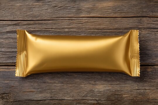 Golden Candy Bar Wrapper on Rustic Wooden Background.