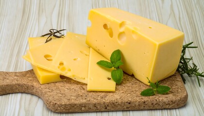 Delicious Swiss Cheese on a Cutting Board with Herbs.