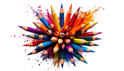 A vibrant image of numerous colorful pencils arranged in a radiating pattern against a black backdrop, with scattered pigment
