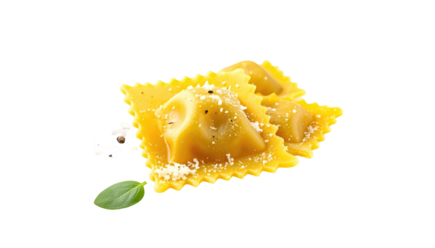 Close-up of cooked, square-shaped pasta with a crimped edge, garnished with cheese and pepper, and a fresh green leaf