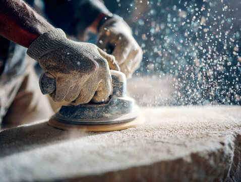 Hands wearing protective gloves using an electric sander to smooth a wooden surface with dust particles flying in a detailed woodworking workshop environment - Powered by Adobe