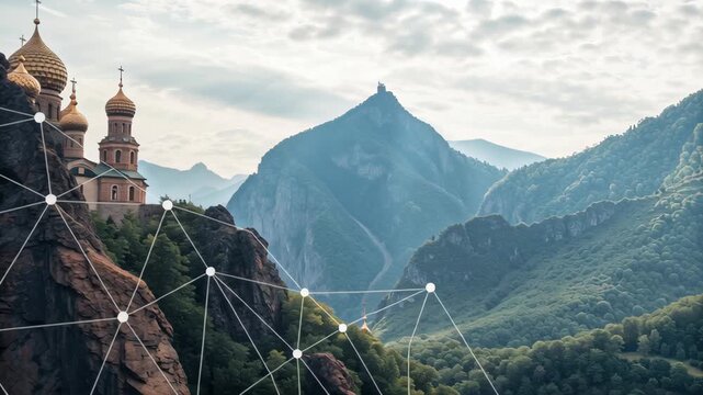 Polygon animated graphics. Majestic Mountain Landscape Church and Network Connection Amidst Tranquility, Nature, and Architecture Wonders