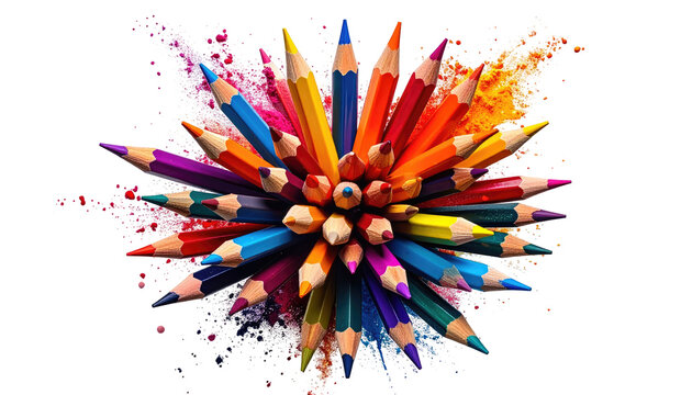 A vibrant image of numerous colorful pencils arranged in a radiating pattern against a black backdrop, with scattered pigment - Powered by Adobe