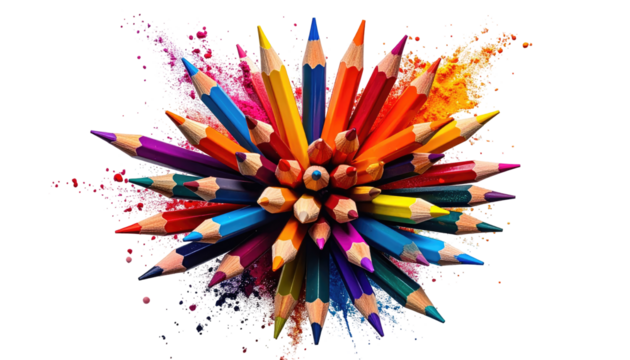 A vibrant image of numerous colorful pencils arranged in a radiating pattern against a black backdrop, with scattered pigment