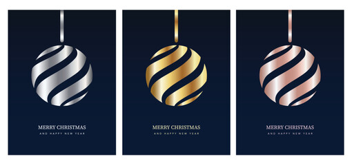 Rose gold, gold, silver christmas tree ornament ball set. Merry Christmas card set. Gold, silver holiday card.  Merry Christmas holiday elegant card. 