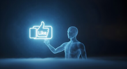A futuristic digital illustration of a human figure holding a neon thumbs-up icon with the word 'Like' in a glowing speech bubble, symbolizing social media approval and digital interaction