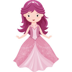 Vector Illustration Of A Young Girl Princess In A Pink Gown With Intricate Details And A Tiara Adorning Her Purple Hair Standing Against A Transparent Background