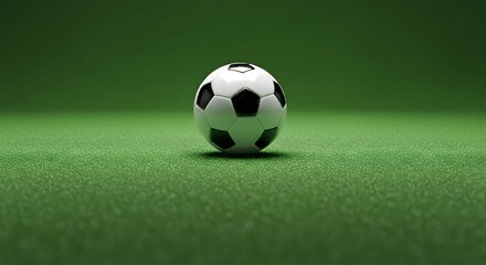 A classic black and white soccer ball resting on a vibrant green grass field under a clear sky