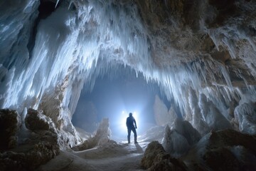 Wonders of an underground cave with dramatic ice formations and a lone explorer