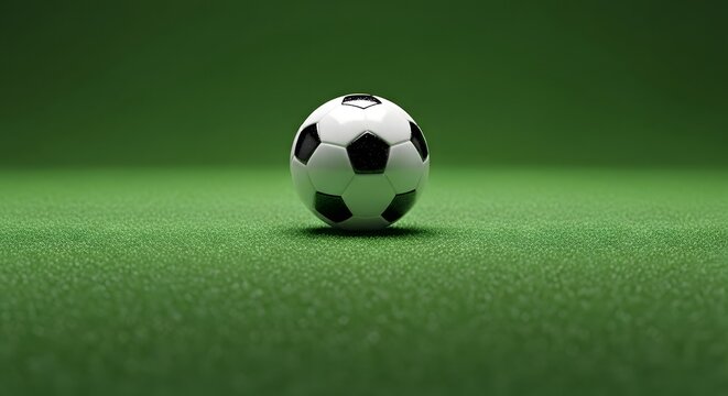 A classic black and white soccer ball resting on a vibrant green grass field under a clear sky - Powered by Adobe