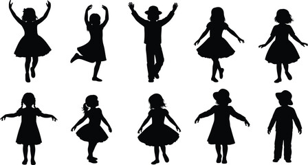 Happy children dancing silhouettes, little girls in dresses and boy with hat, kids playing and moving with raised arms, childhood joy and fun concept, group of young children in motion, 