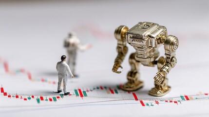 Robot advisor helping businessman analyze stock charts, holographic UI, copy space,