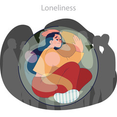 Young Woman Trapped Inside Transparent Bubble Surrounded By Silhouettes Feeling Isolated And Alone In Abstract Representation Of Loneliness