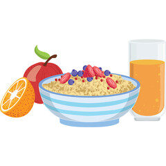 Pixel art illustration of a healthy breakfast featuring a bowl of oatmeal with berries an apple a sliced orange and a glass of orange juice on a transparent background AR 22-03