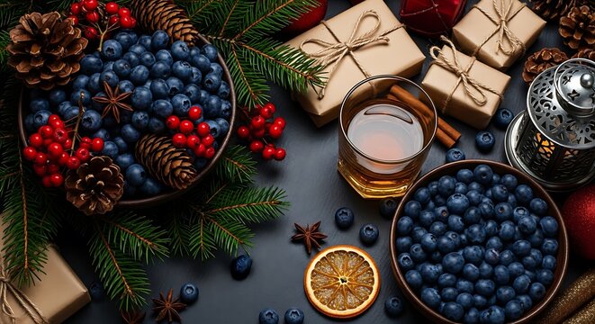 Photo of a festive holiday arrangement featuring blueberries, red berries, pine cones, fir branches, a glass of whiskey, and gift boxes
