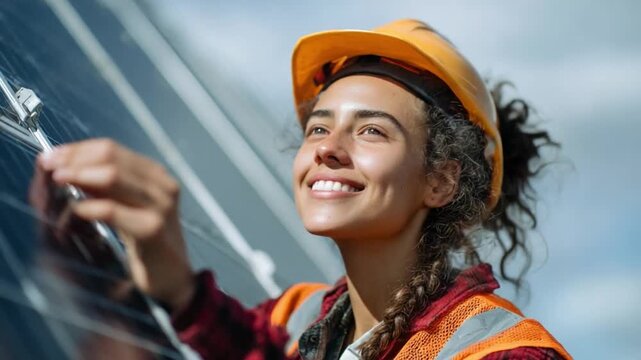Energy Ingenuity: A skilled engineer, radiating positivity, inspects a solar panel with a radiant smile, symbolizing sustainable energy solutions and a bright future.
