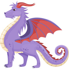 Fototapeta premium Purple Dragon With Red Wings And Horns Standing Facing Left With A Serious Expression Transparent Background