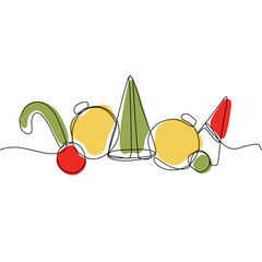 Christmas decorations continuous one line drawing, christmas ornaments continuous one line drawing.