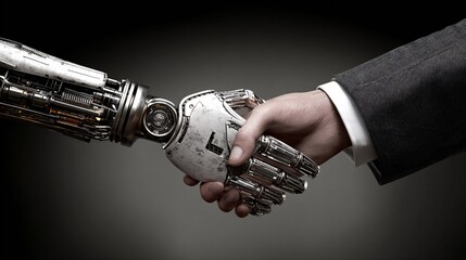 Business handshake with robotic arm, trust and partnership theme, soft lighting,