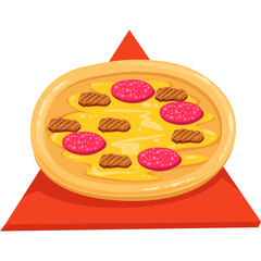 Round pizza with pepperoni and meat toppings on a red triangular background with a transparent overlay for easy integration into designs.