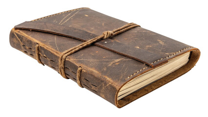 Old brown leather journal or notebook with strap isolated on transparent background