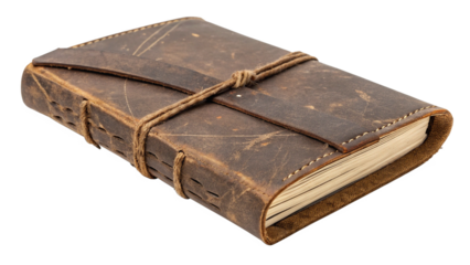 Old brown leather journal or notebook with strap isolated on transparent background