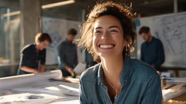 Radiant Architect's Glee: A skilled female architect beams with genuine happiness in a sun-drenched architectural workshop, her infectious smile mirroring the collaborative spirit of the workplace.