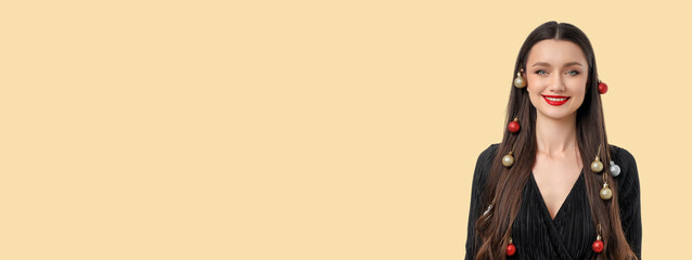 Woman with long hair and red lips wearing festive attire